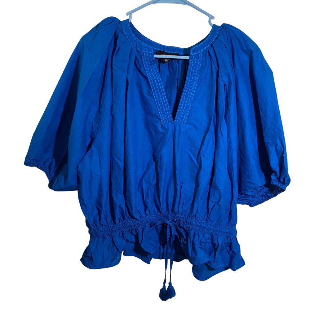 Calligraphie Womens Blue Puff Sleeve Smocked Peplum Blouse XL NWT